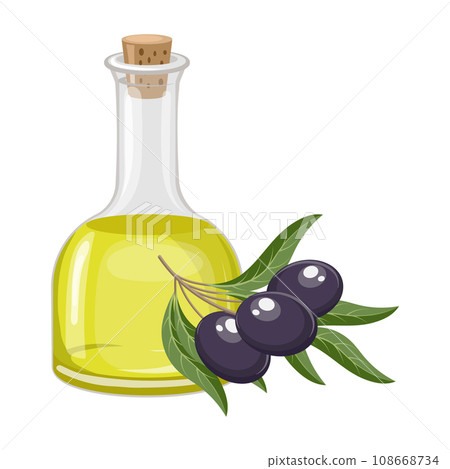 Olive oil and twigs with olives and leaves. Food illustration, vector 108668734
