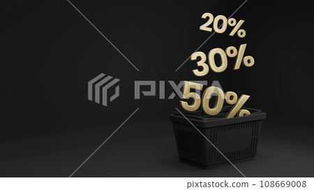 Plastic black shopping basket. Sales are falling in the basket. 30 50 and 70 percent sale. Black store basket. Store sale banner with copy space. 3d rendering. Plastic black shopping basket. Sales are falling in the basket. 30 50 and 70 percent sale. Black store basket. Store sale banner with copy space. 3d rendering. 108669008