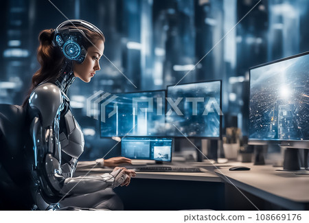 Cyborg woman operating a computer in the office Cyborg woman operating a computer in the office 108669176