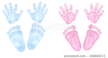 Little blue pink palm, handprint, footprint. Baby shower, gender reveal party, design invitation. Boy or girl. Hand drawn watercolor illustration isolated background. For family surprise party feast 108669211