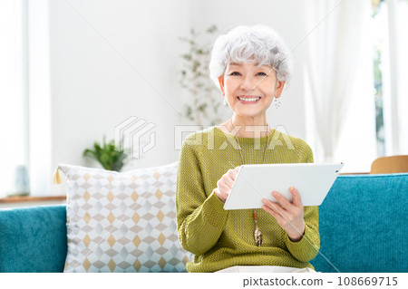 Senior woman looking at a tablet in the living room Senior woman looking at a tablet in the living room 108669715