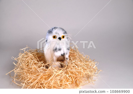 Toy eagle owl from a natural feather sits in a nest 108669900