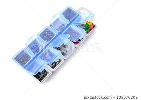 box for fishing accessories on white background, close-up 108670209