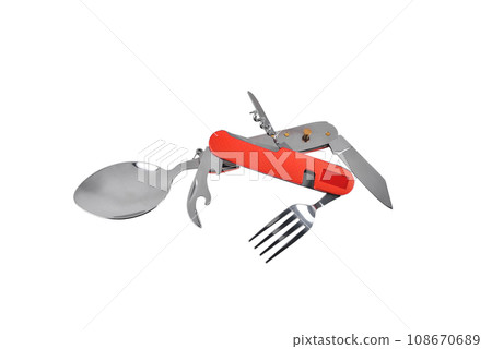 Travel tool spoon, fork, knife multifunctional set, utility knife with travel and tourism tool set, tourist spoon and fork, close-up Travel tool spoon, fork, knife multifunctional set, utility knife with travel and tourism tool set, tourist spoon and fork, close-up 108670689