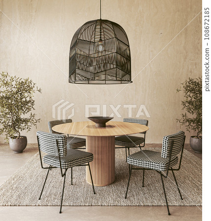 Stylish Dining Room with Houndstooth Chairs and Pendant Light 108672185