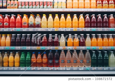 many juices on fruit bars in a grocery store 108672372