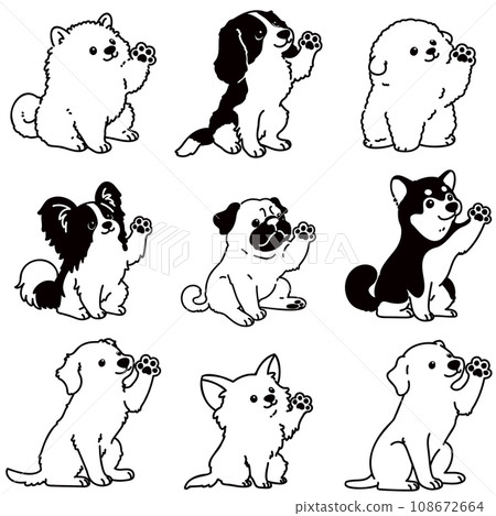 Simple and cute illustrations of various dogs waving while sitting Set C Only the main line is white Simple and cute illustrations of various dogs waving while sitting Set C Only the main line is white 108672664
