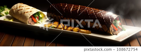 Two parts of Eastern cheesy shawarma with layers of chicken meat, cucumber, cabbage, cheese served on plate, on dark background. Turkish donner wrapped in lavash bread.. Panoramic banner. AI 108672754