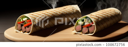 Two parts of Eastern cheesy shawarma with layers of chicken meat, cucumber, cabbage, cheese served on plate, on dark background. Turkish donner wrapped in lavash bread.. Panoramic banner. AI 108672756