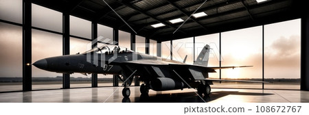 Interior view, a generic military fighter jet, parked, inside a military hangar at sunset. Panoramic banner. AI 108672767