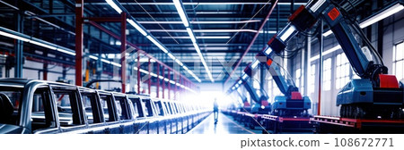 Car Factory Concept: Automated Robot Arm Assembly Line Manufacturing High-Tech Green Energy Electric Vehicles. Automatic Construction, Building, Welding Industrial Production Conveyor.. Panoramic 108672771