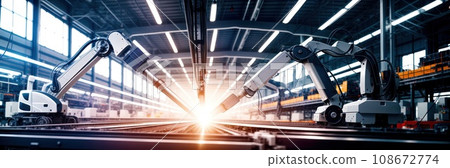 Car Factory Concept: Automated Robot Arm Assembly Line Manufacturing High-Tech Green Energy Electric Vehicles. Automatic Construction, Building, Welding Industrial Production Conveyor.. Panoramic Car Factory Concept: Automated Robot Arm Assembly Line Manufacturing High-Tech Green Energy Electric Vehicles. Automatic Construction, Building, Welding Industrial Production Conveyor.. Panoramic 108672774