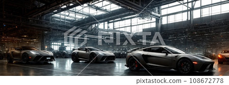 Cars For Sale Stock Lot Row. Car Dealer Inventory. Car factory, production line. Panoramic banner. AI 108672778