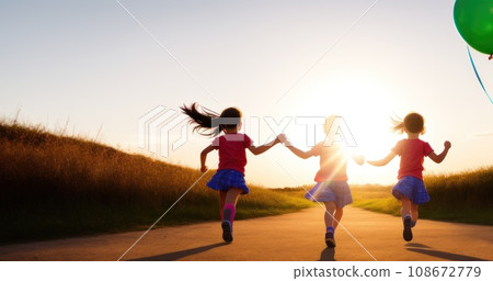 happy children playing with colorful toy balloons outdoors. Kid having fun in green spring field against blue sky background. happy multi-ethnic children playing. freedom and imagination concept.. AI 108672779