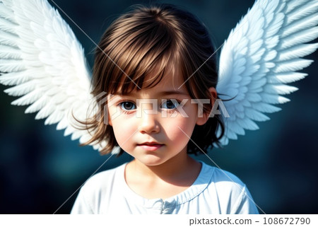Portrait of a beautiful smiling angel girl in white dress. Small child with angel wings looking at camera, light shining around. Curly blonde with blue eyes. Angels day greeting card concept. AI 108672790