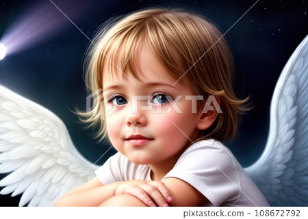 Portrait of a beautiful smiling angel girl in white dress. Small child with angel wings looking at camera, light shining around. Curly blonde with blue eyes. Angels day greeting card concept. AI 108672792