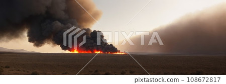 Air-force military bombing exercise. Nature pollution after burning rubber tires of car wheels, which caused black smoke to fly in the sky and mix with clouds. Smoke and fire on the ground Banner. AI 108672817