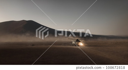 Military combat and war with helicopter landing in the chaos and destruction. Military helicopter crosses fire and smoke in the desert, explosions, steam, dust clouds Banner. AI Military combat and war with helicopter landing in the chaos and destruction. Military helicopter crosses fire and smoke in the desert, explosions, steam, dust clouds Banner. AI 108672818