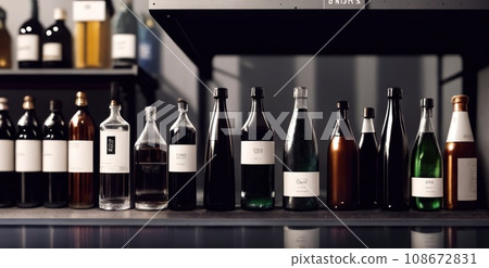 Close-up of a shelf with bottles in chemical laboratory. Various pills bottles for medicine. Pharmaceutical concept of healthcare, pharma industry, medication and drugs production. Medical research 108672831