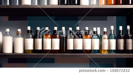 Close-up of a shelf with bottles in chemical laboratory. Various pills bottles for medicine. Pharmaceutical concept of healthcare, pharma industry, medication and drugs production. Medical research 108672832