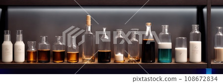 Close-up of a shelf with bottles in chemical laboratory. Various pills bottles for medicine. Pharmaceutical concept of healthcare, pharma industry, medication and drugs production. Medical research 108672834