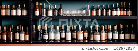 Close-up of a shelf with bottles in chemical laboratory. Various pills bottles for medicine. Pharmaceutical concept of healthcare, pharma industry, medication and drugs production. Medical research 108672837
