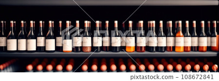 Close-up of a shelf with bottles in chemical laboratory. Various pills bottles for medicine. Pharmaceutical concept of healthcare, pharma industry, medication and drugs production. Medical research 108672841