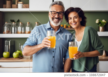 Happy positive Father and Aunt drinking apple juice in pantry, holding glasses, keeping healthy hydration, diet, lifestyle, cari . Caring for family health, wellbeing. AI Happy positive Father and Aunt drinking apple juice in pantry, holding glasses, keeping healthy hydration, diet, lifestyle, cari . Caring for family health, wellbeing. AI 108672847
