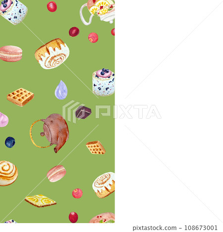 Watercolor teapot and desserts card on green Watercolor teapot and desserts card on green 108673001
