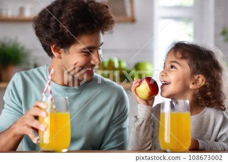 Happy positive Nephew and Aunt drinking apple juice in workshop, holding glasses, keeping healthy hydration, diet, lifestyle, ca . Caring for family health, wellbeing. AI 108673002