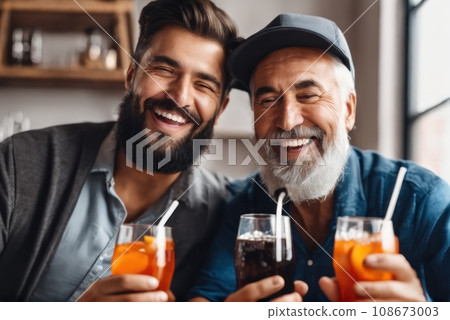 Happy positive Grandfather and Brother drinking soda in basement, holding glasses, keeping healthy hydration, diet, lifestyle, c . Caring for family health, wellbeing. AI 108673003