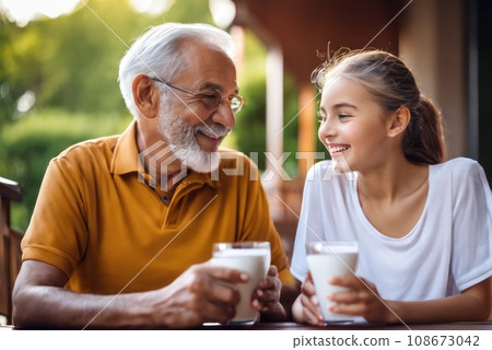Happy positive Grandfather and Granddaughter drinking black tea in porch, holding glasses, keeping healthy hydration, diet, life . Caring for family health, wellbeing. AI Happy positive Grandfather and Granddaughter drinking black tea in porch, holding glasses, keeping healthy hydration, diet, life . Caring for family health, wellbeing. AI 108673042