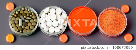 Many different drugs in pills, tablets and syringe in packages and laboratory bottles and flasks. Panoramic Banner for pharmaceutical and healthcare and drug research labs. Sport nutrition concept. AI Many different drugs in pills, tablets and syringe in packages and laboratory bottles and flasks. Panoramic Banner for pharmaceutical and healthcare and drug research labs. Sport nutrition concept. AI 108673099