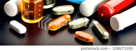 Many different drugs in pills, tablets and syringe in packages and laboratory bottles and flasks. Panoramic Banner for pharmaceutical and healthcare and drug research labs. Sport nutrition concept. AI Many different drugs in pills, tablets and syringe in packages and laboratory bottles and flasks. Panoramic Banner for pharmaceutical and healthcare and drug research labs. Sport nutrition concept. AI 108673100