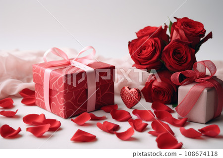 Valentine's Day concept with rose petals, gift box, candles. Generative AI Valentine's Day concept with rose petals, gift box, candles. Generative AI 108674118