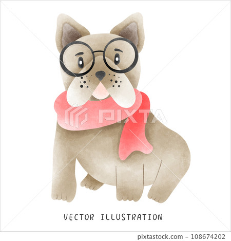 Watercolor style French bulldog fashionable Christmas hat - festive creative event Watercolor style French bulldog fashionable Christmas hat - festive creative event 108674202
