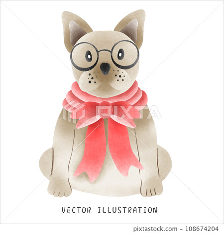 Watercolor style French bulldog fashionable Christmas hat - festive creative event 108674204