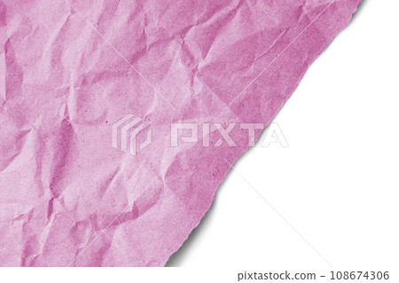 Recycled crumpled pink paper texture with a diagonal torn edge isolated on white background Recycled crumpled pink paper texture with a diagonal torn edge isolated on white background 108674306