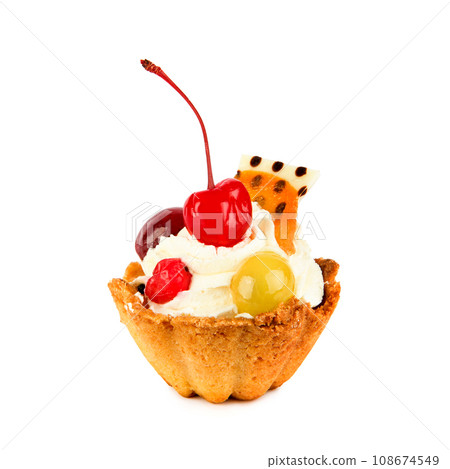 Cake with cream and fruits isolated on a white. Cake with cream and fruits isolated on a white. 108674549