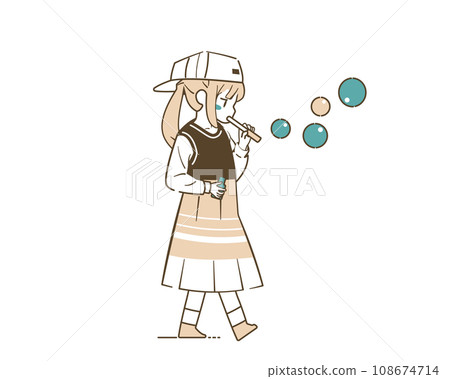 Illustration of a girl blowing bubbles 108674714