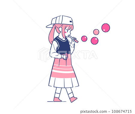 Illustration of a girl blowing bubbles 108674715