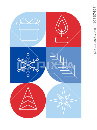 Trendy bauhaus pattern Christmas poster. Vector geometric winter shapes in blue and red colors. Simple abstract modern design elements. Fashion retro print for greeting card, web design 108674984