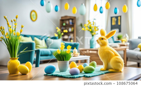 Easter room interior, Easter eggs, bunny. Decor in blue and yellow colors Easter room interior, Easter eggs, bunny. Decor in blue and yellow colors 108675064