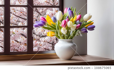 Vase with spring flowers against the background of cherry blossoms. Easter greeting card Vase with spring flowers against the background of cherry blossoms. Easter greeting card 108675065