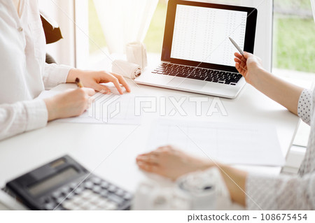 Two accountants using a laptop computer for counting taxes at white desk in office. Business Woman pointing into screen with a pen. Teamwork in business audit and finance Two accountants using a laptop computer for counting taxes at white desk in office. Business Woman pointing into screen with a pen. Teamwork in business audit and finance 108675454