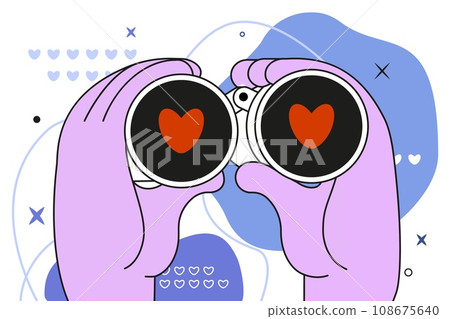 Binocular. Love searching. Hands holding spyglass. Lover looking and surveillance. Heart icons. Magnification glasses. Man seeing on girlfriend. Vector abstract design illustration Binocular. Love searching. Hands holding spyglass. Lover looking and surveillance. Heart icons. Magnification glasses. Man seeing on girlfriend. Vector abstract design illustration 108675640