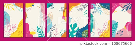 Summer backgrounds. Abstract tropical social media templates, modern trendy post with floral art. Hand drawn doodle frame design. Web banner. Botanical poster. Vector scribble patterns 108675666