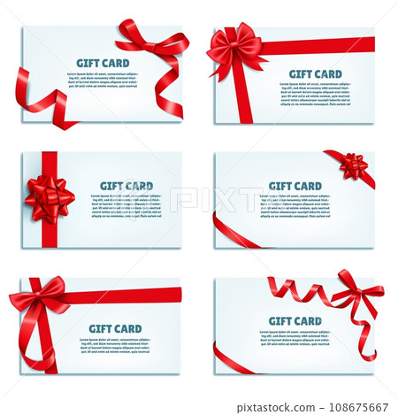 Gift cards. Ribbon bow. Present red decor or holiday coupon with tag. Present for birthday or Xmas. Satin tape. Anniversary celebration invitation template. Vector tickets design set Gift cards. Ribbon bow. Present red decor or holiday coupon with tag. Present for birthday or Xmas. Satin tape. Anniversary celebration invitation template. Vector tickets design set 108675667
