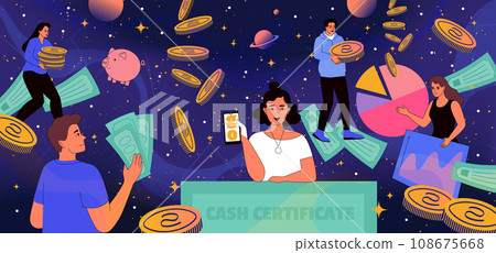Invest money. Rich persons with dollar banknote and golden coins, economy of business, happy investor with, cash, stock market. Vector cartoon flat investment illustration, finance concept Invest money. Rich persons with dollar banknote and golden coins, economy of business, happy investor with, cash, stock market. Vector cartoon flat investment illustration, finance concept 108675668
