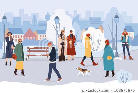 Winter park. Snow cityscape. Family walk outdoor. Ski season. People on nature activity. Snowman and snowdrift. Characters in trendy outerwear. Friends stroll with dog. Vector background 108675670
